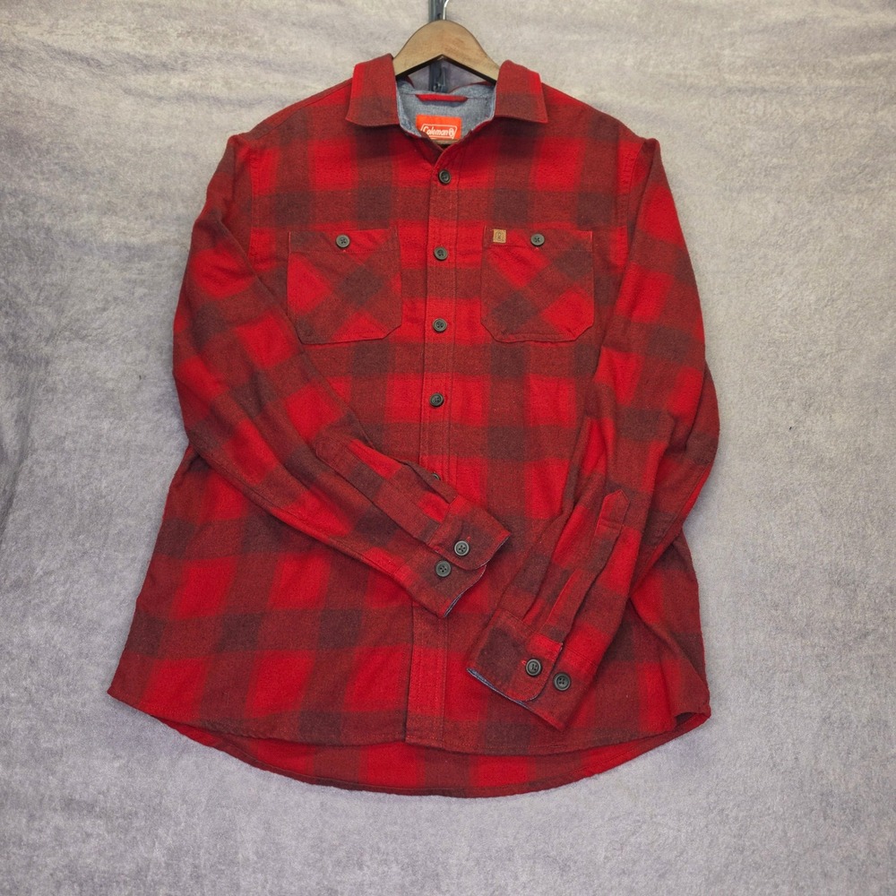 Coleman Mens Flannel Button Down Shirt Red Black Buffalo Plaid Size M Regular